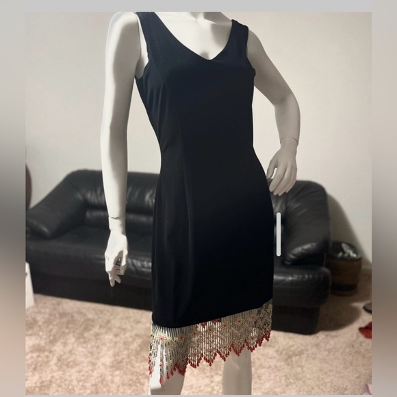 velvet strapless Elegant Black Midi Dress designer with Beaded Hem EUC - Picture 4 of 12